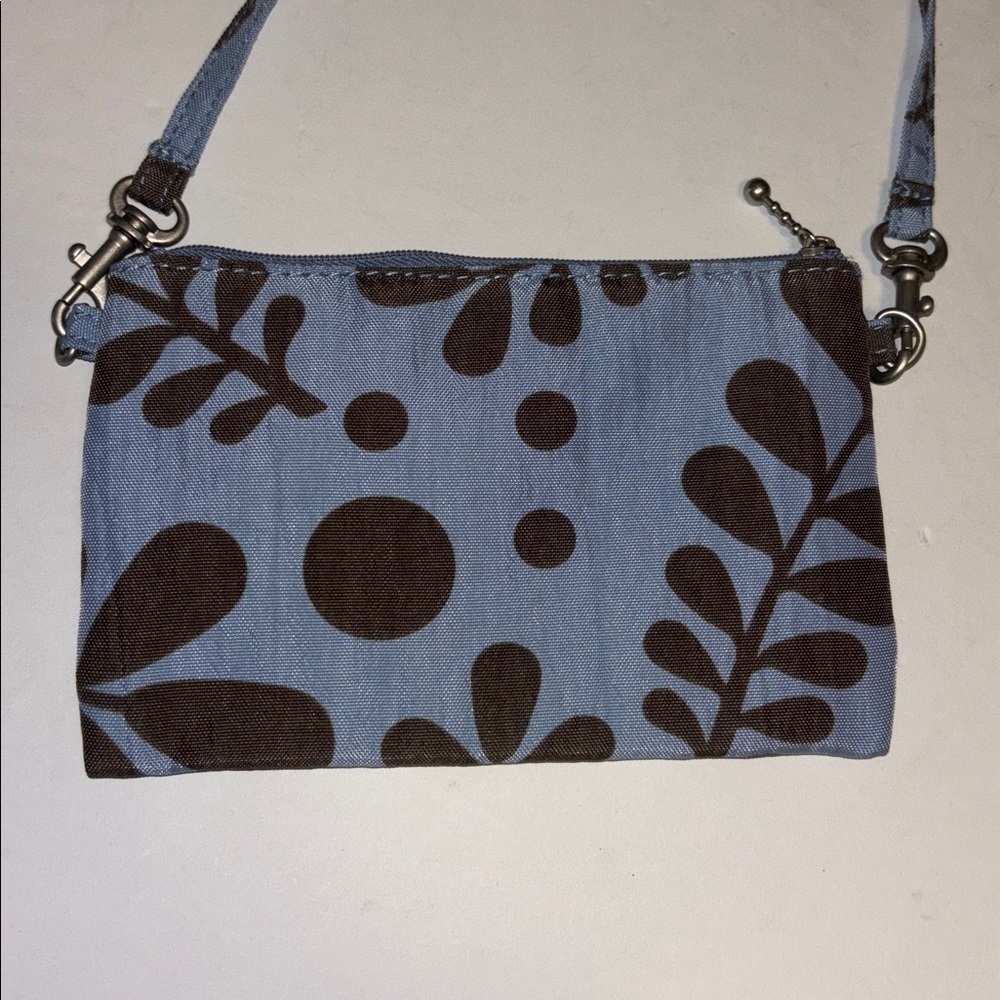 BLUE AND BROWN NYLON/CANVAS LIKE MINI PURSE DETACHABLE HANDLE WILL HOLD IPHONE